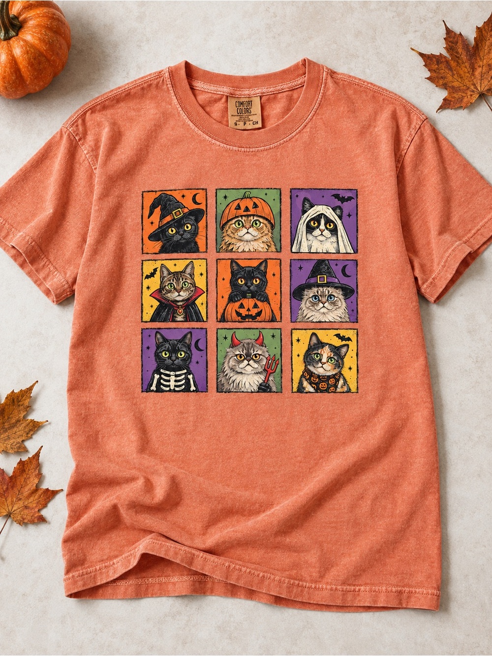 Halloween Cats Shirt Costume Grid Pumpkin Witch Comfort Colors Yam Tee
